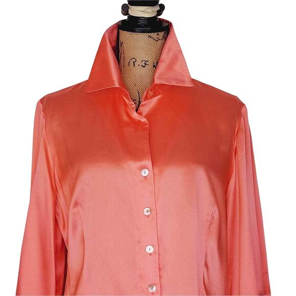 Vintage Finley USA Salmon Silk Long Sleeve Tie Sleeve Abalone Buttons Blouse LG - Picture 7 of 13